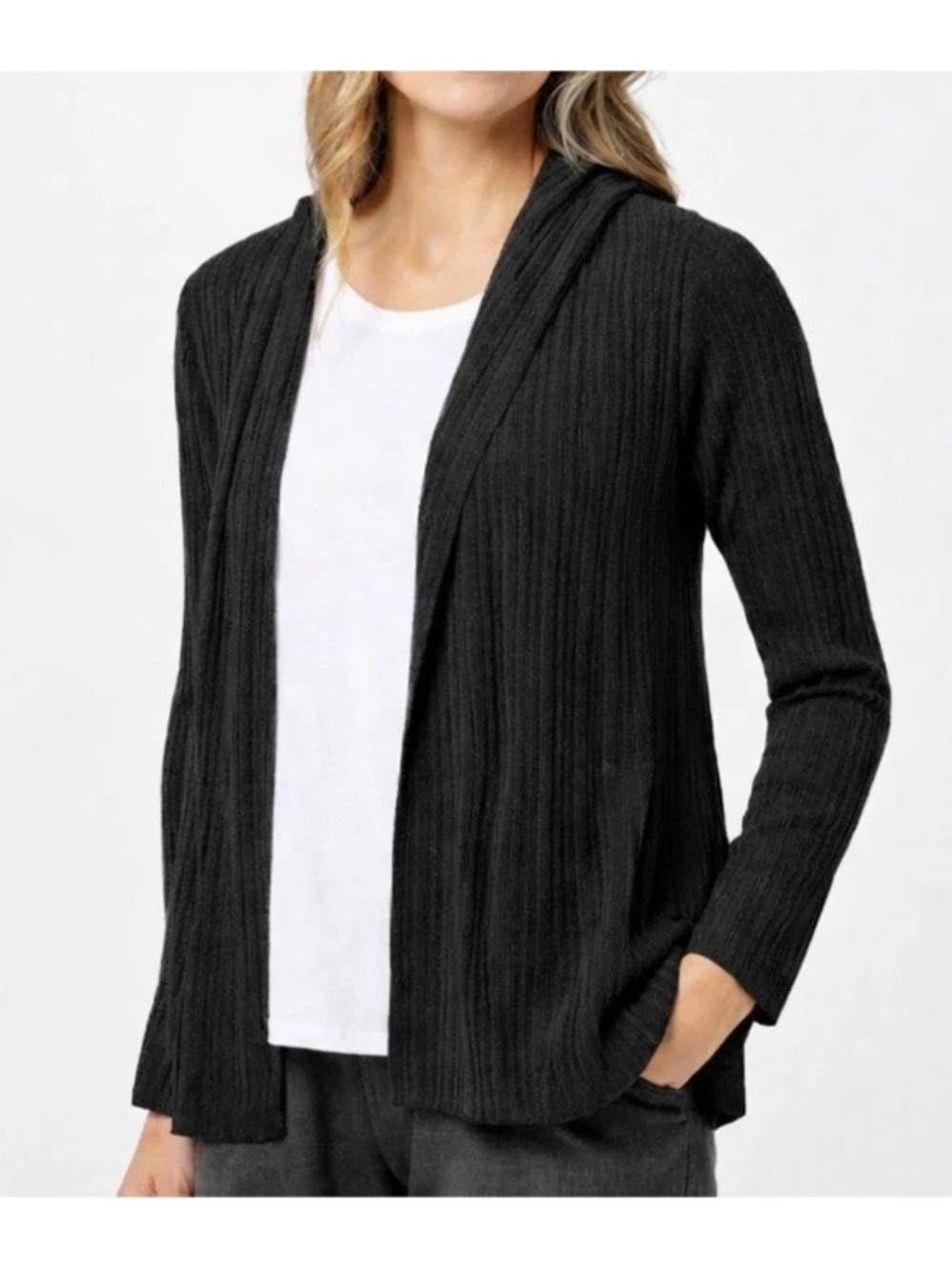 Barefoot Dreams Namaste Ribbed Hooded Cardigan Black Size S - Picture 3 of 12